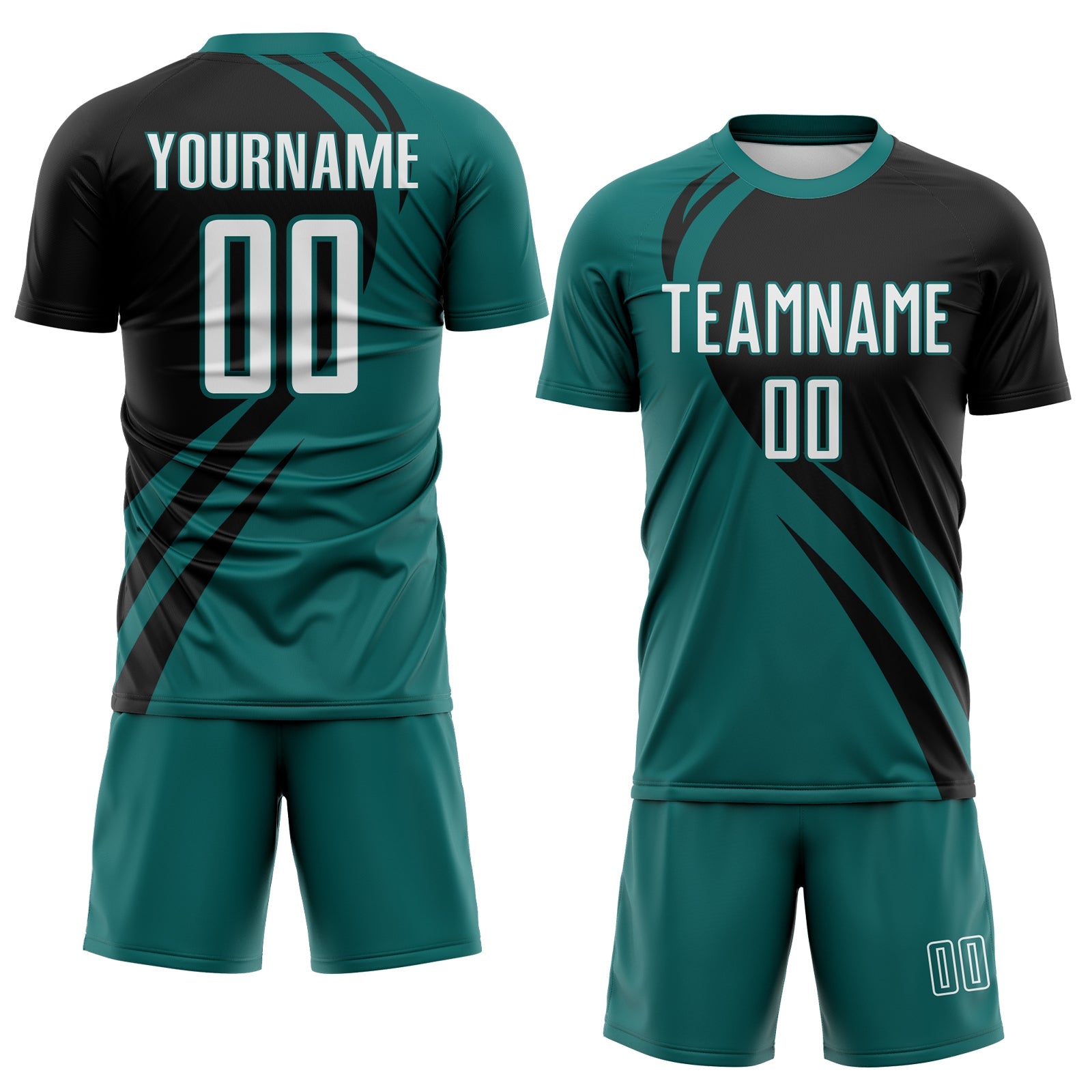 Custom Teal White-Black Diagonal Streamline Color Block Swirl Curve Lines Sublimation Soccer Uniform Jersey view 2