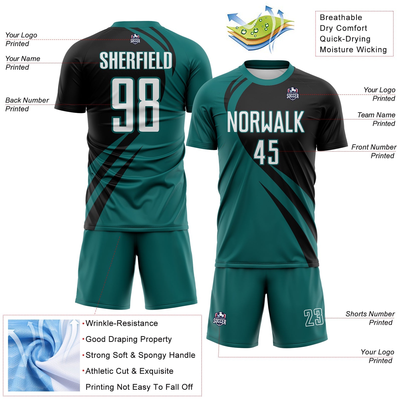 Custom Teal White-Black Diagonal Streamline Color Block Swirl Curve Lines Sublimation Soccer Uniform Jersey view 3