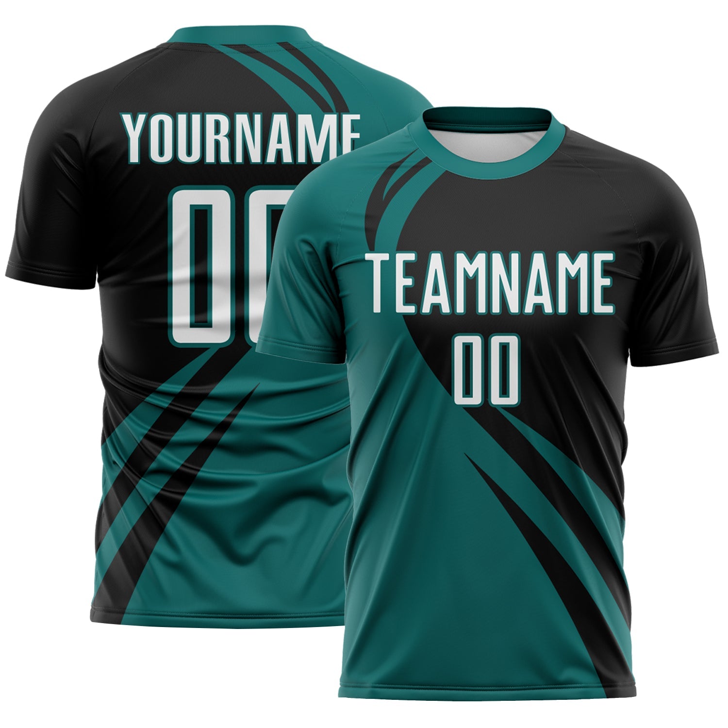 Custom Teal White-Black Diagonal Streamline Color Block Swirl Curve Lines Sublimation Soccer Uniform Jersey - Main View