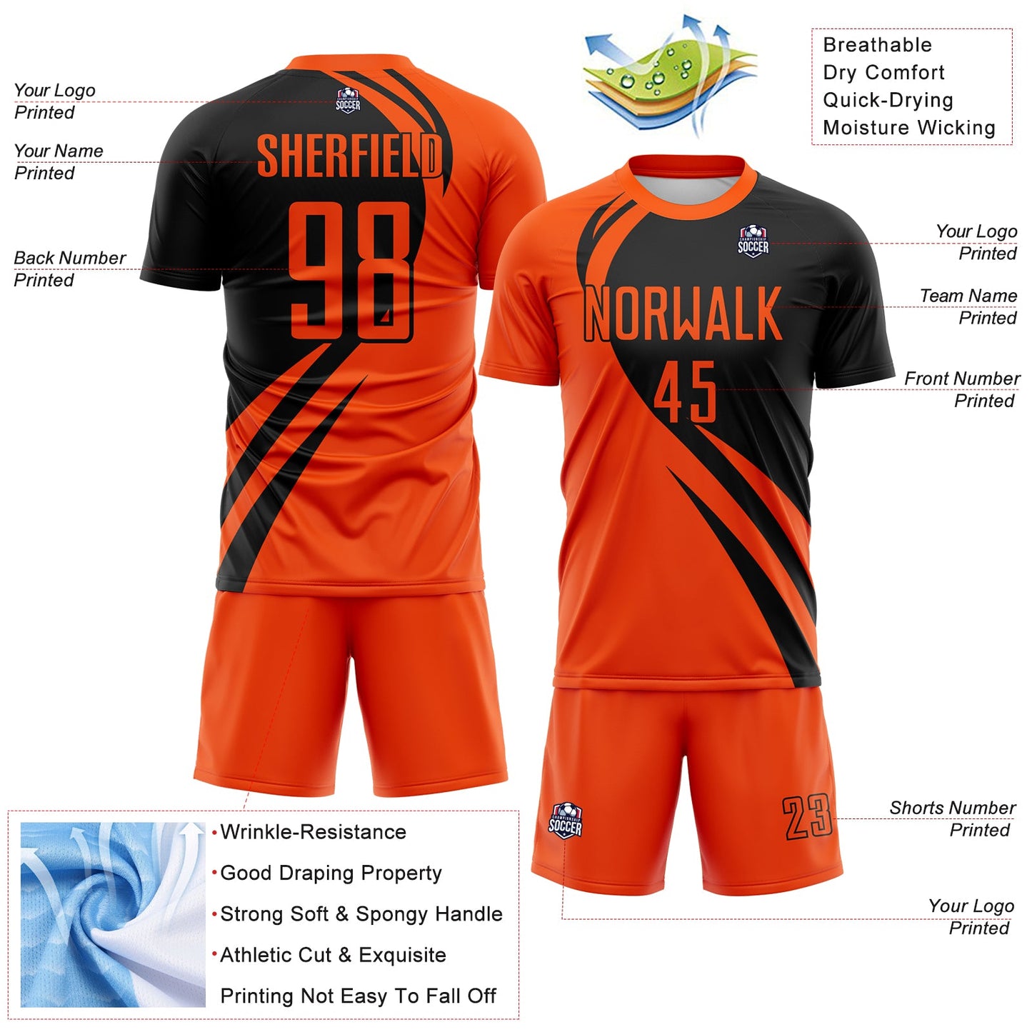 Custom Orange Black Diagonal Streamline Color Block Swirl Curve Lines Sublimation Soccer Uniform Jersey view 3