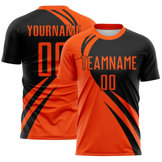 Custom Orange Black Diagonal Streamline Color Block Swirl Curve Lines Sublimation Soccer Uniform Jersey - Main View