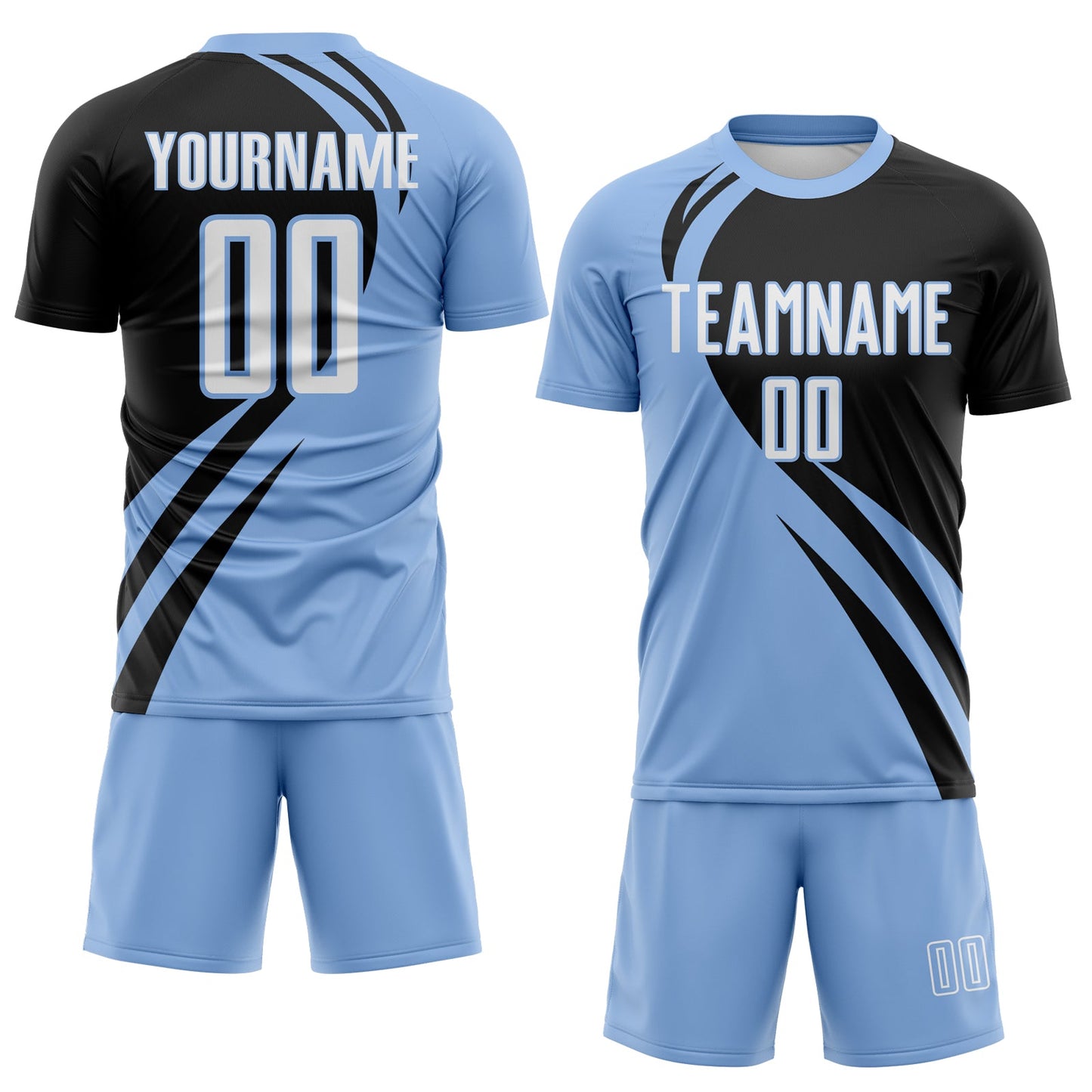 Custom Light Blue White-Black Diagonal Streamline Color Block Swirl Curve Lines Sublimation Soccer Uniform Jersey view 2