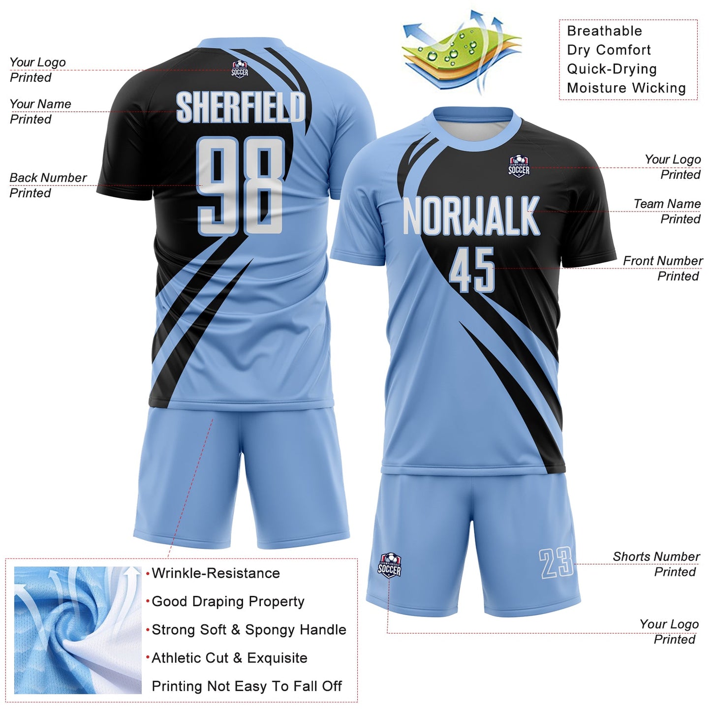Custom Light Blue White-Black Diagonal Streamline Color Block Swirl Curve Lines Sublimation Soccer Uniform Jersey view 3