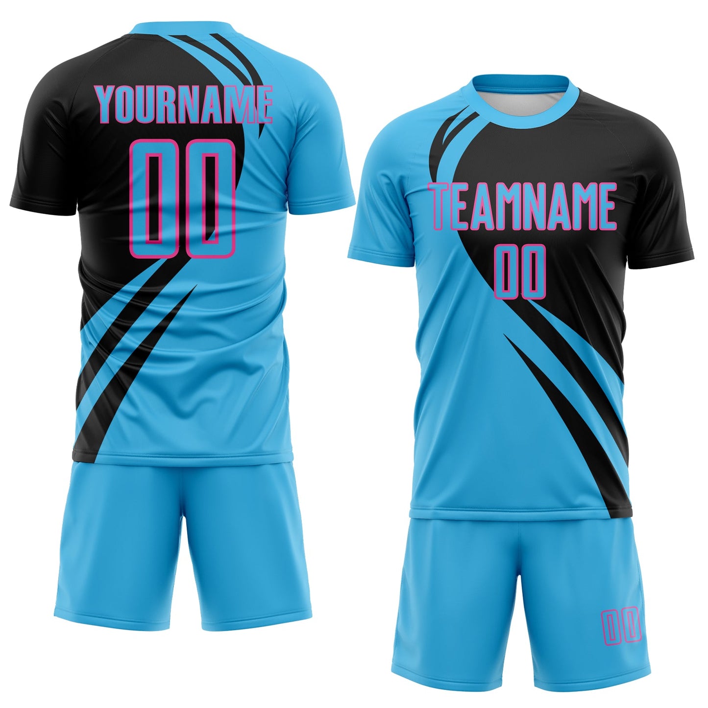 Custom Sky Blue Pink-Black Diagonal Streamline Color Block Swirl Curve Lines Sublimation Soccer Uniform Jersey view 2