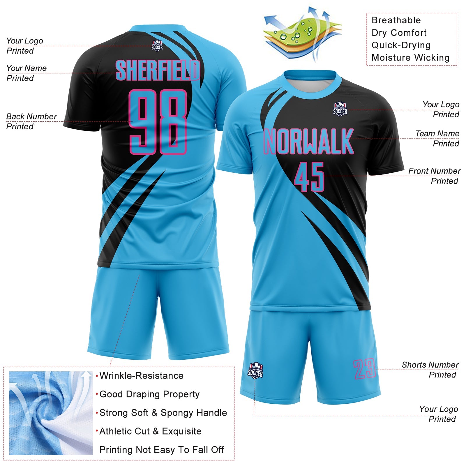 Custom Sky Blue Pink-Black Diagonal Streamline Color Block Swirl Curve Lines Sublimation Soccer Uniform Jersey view 3
