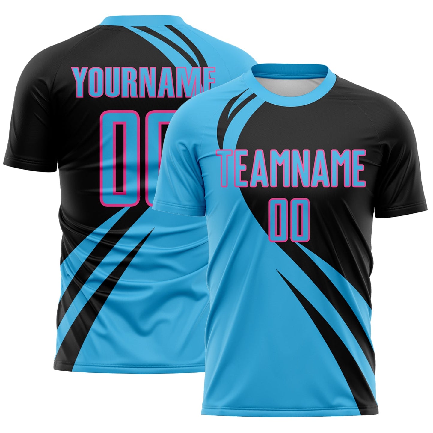 Custom Sky Blue Pink-Black Diagonal Streamline Color Block Swirl Curve Lines Sublimation Soccer Uniform Jersey - Main View