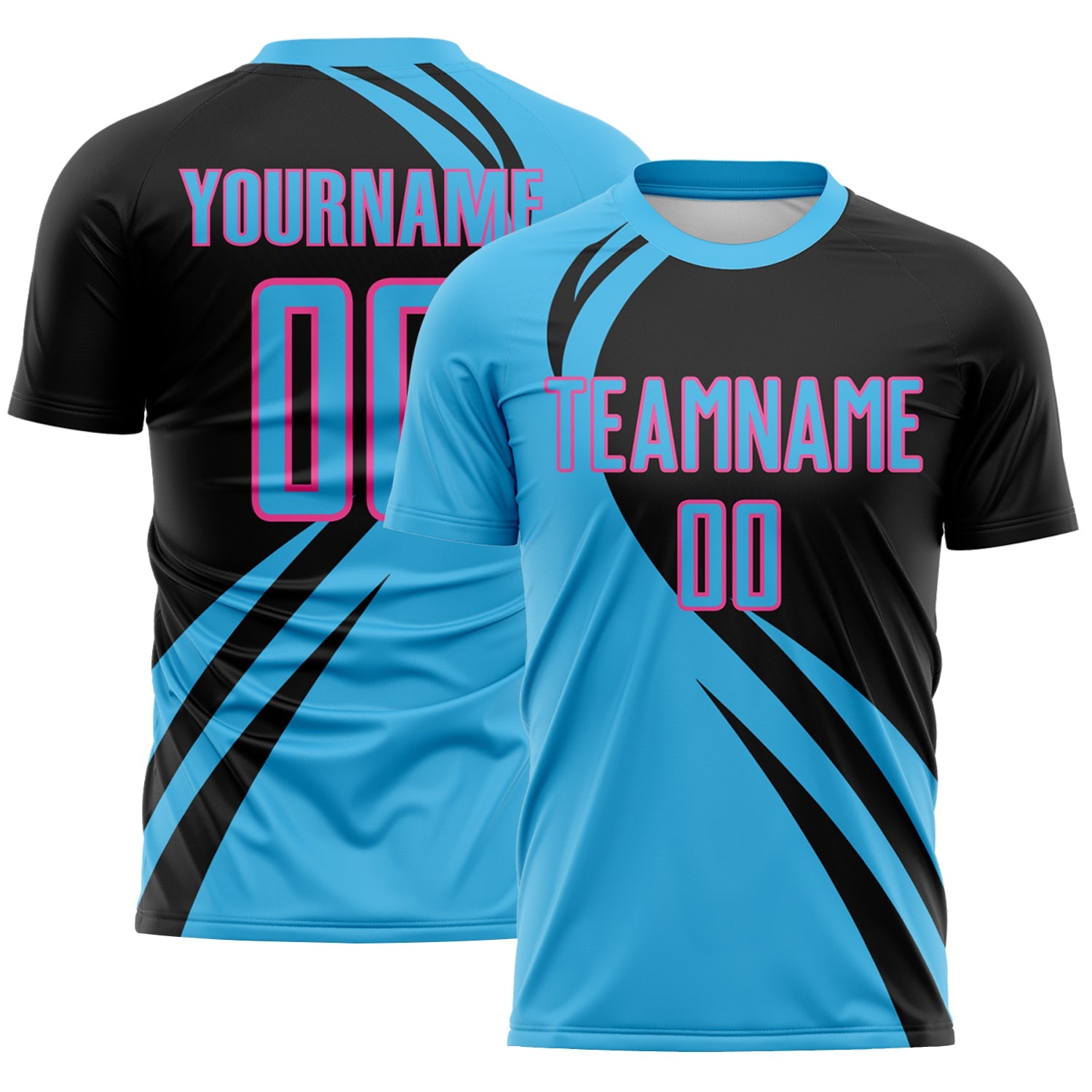 Custom Sky Blue Pink-Black Diagonal Streamline Color Block Swirl Curve Lines Sublimation Soccer Uniform Jersey - Main View