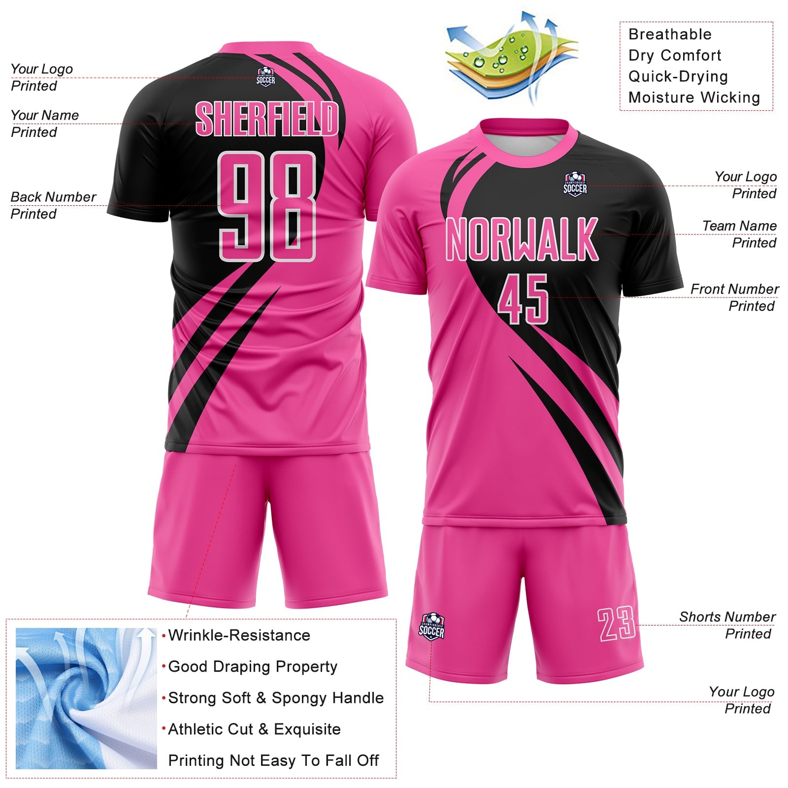 Custom Pink Black-White Diagonal Streamline Color Block Swirl Curve Lines Sublimation Soccer Uniform Jersey view 3