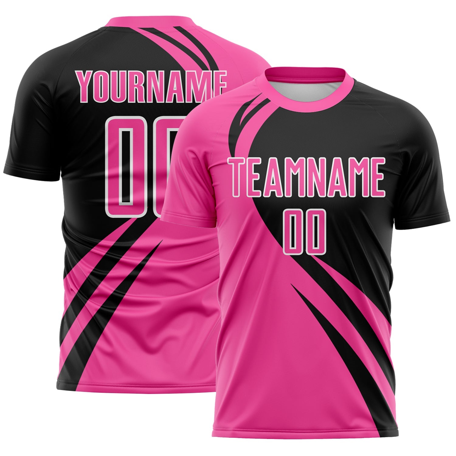 Custom Pink Black-White Diagonal Streamline Color Block Swirl Curve Lines Sublimation Soccer Uniform Jersey - Main View