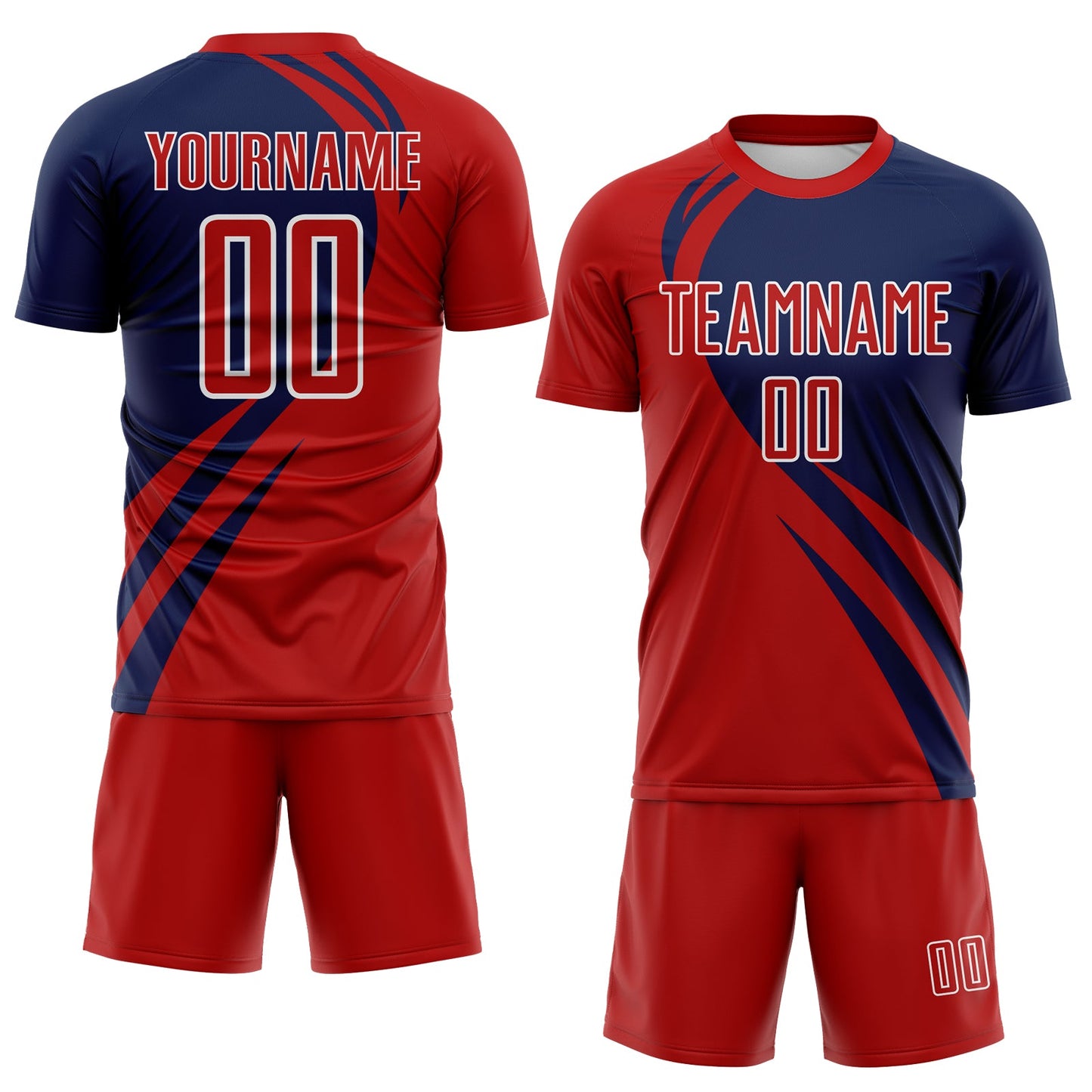 Custom Red Navy-White Diagonal Streamline Color Block Swirl Curve Lines Sublimation Soccer Uniform Jersey view 2