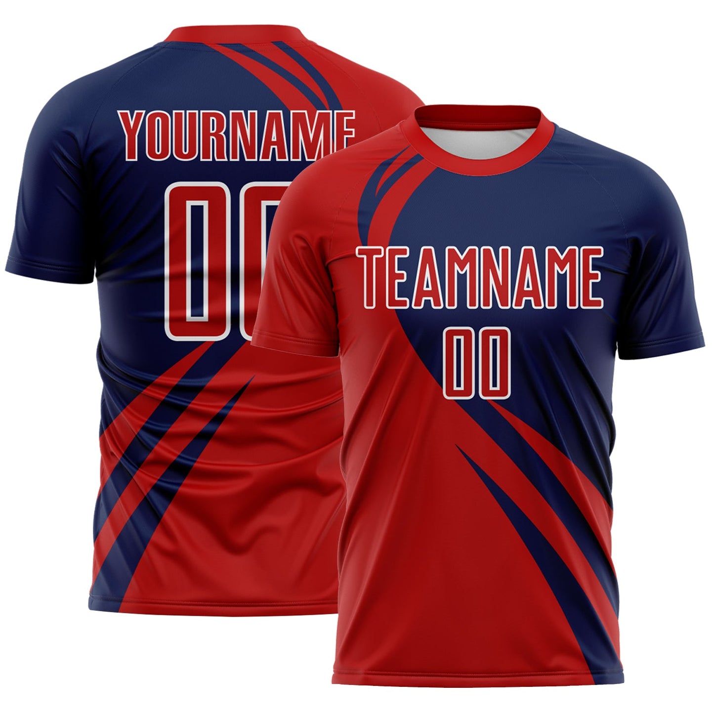 Custom Red Navy-White Diagonal Streamline Color Block Swirl Curve Lines Sublimation Soccer Uniform Jersey - Main View