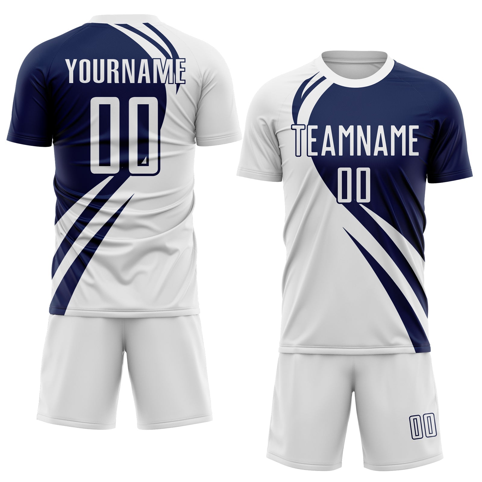 Custom White Navy Diagonal Streamline Color Block Swirl Curve Lines Sublimation Soccer Uniform Jersey view 2