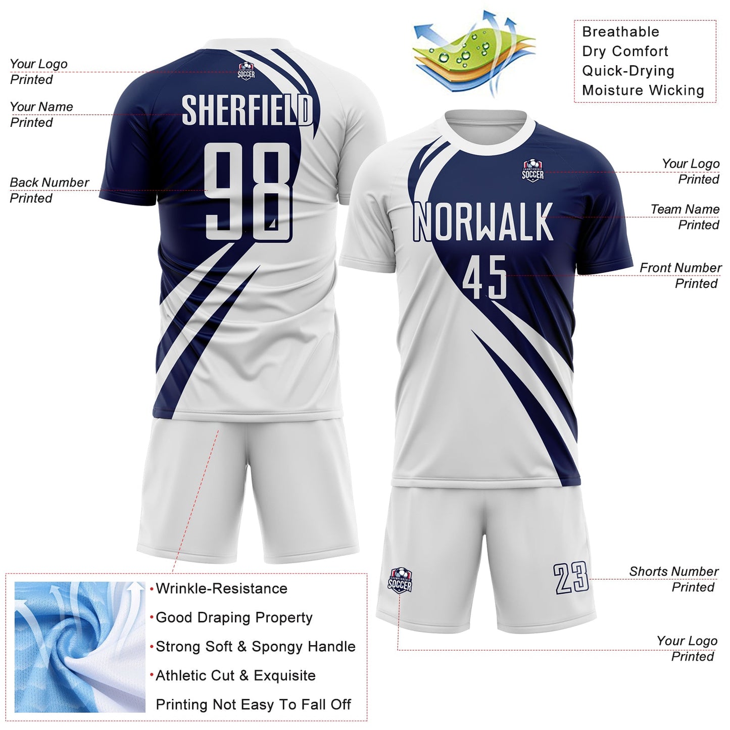 Custom White Navy Diagonal Streamline Color Block Swirl Curve Lines Sublimation Soccer Uniform Jersey view 3