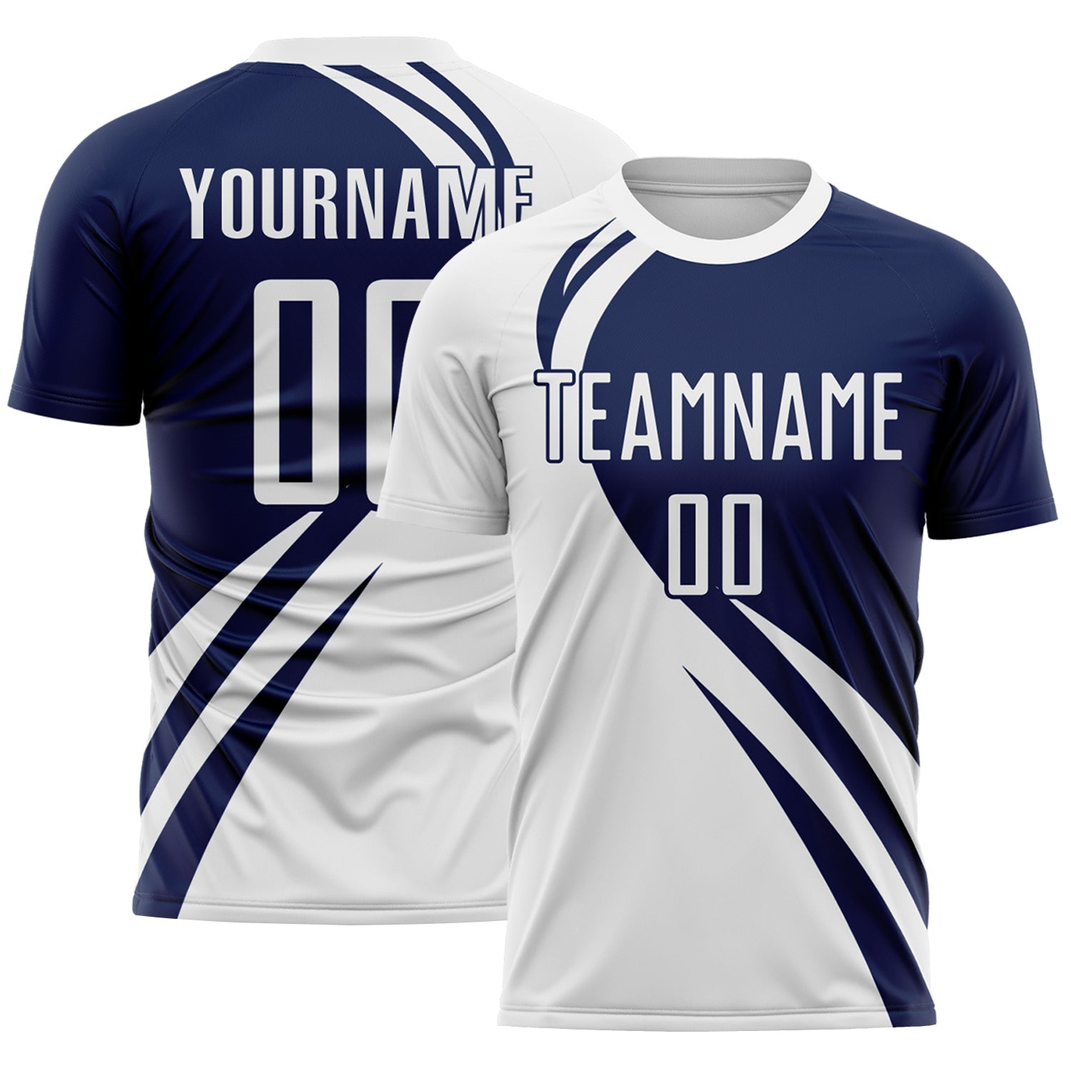 Custom White Navy Diagonal Streamline Color Block Swirl Curve Lines Sublimation Soccer Uniform Jersey - Main View