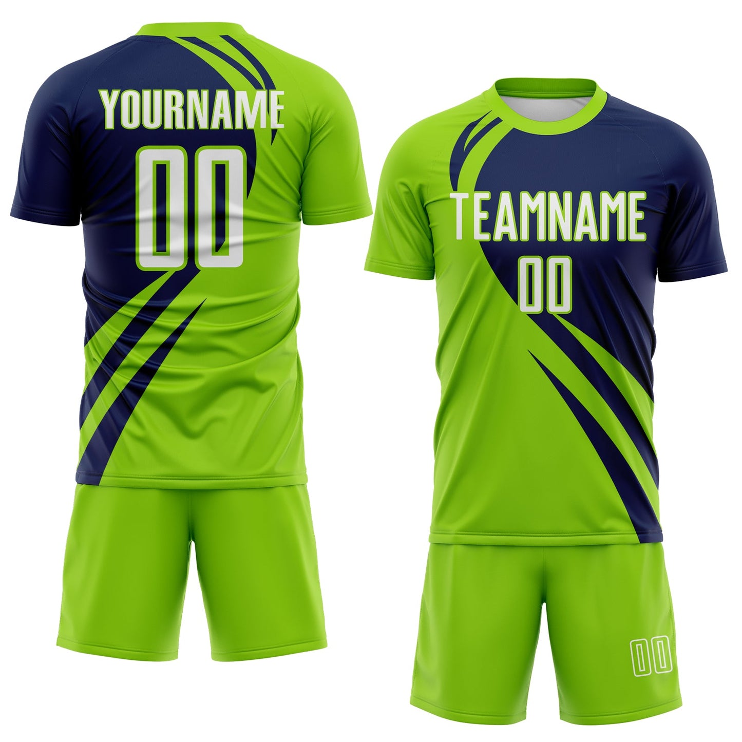 Custom Neon Green White-Navy Diagonal Streamline Color Block Swirl Curve Lines Sublimation Soccer Uniform Jersey view 2