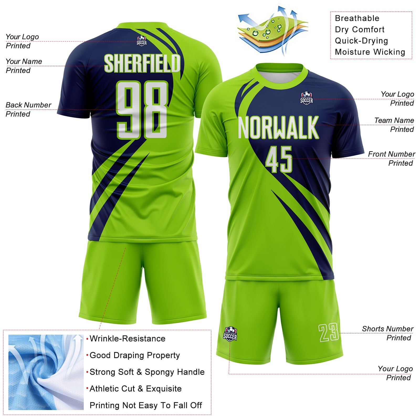 Custom Neon Green White-Navy Diagonal Streamline Color Block Swirl Curve Lines Sublimation Soccer Uniform Jersey view 3