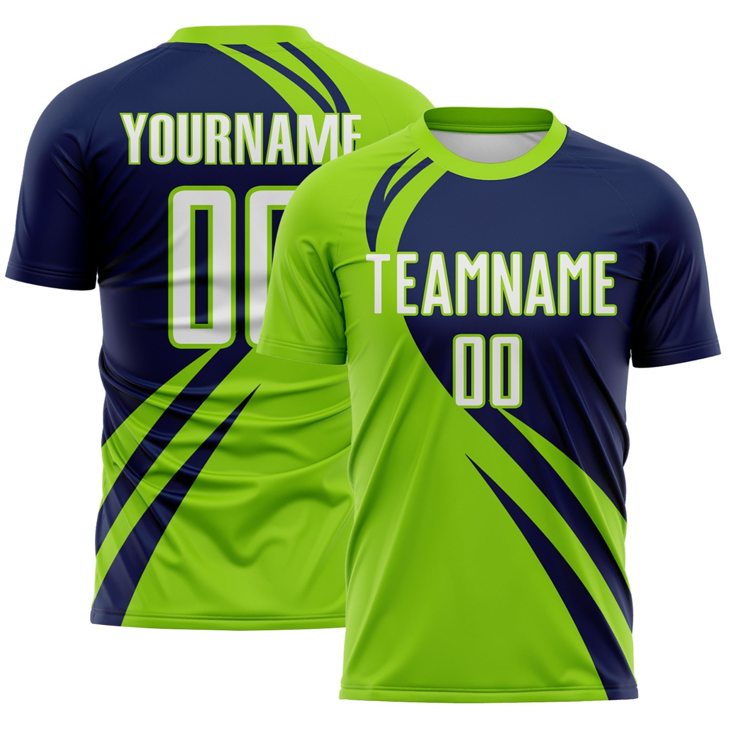 Custom Neon Green White-Navy Diagonal Streamline Color Block Swirl Curve Lines Sublimation Soccer Uniform Jersey - Main View