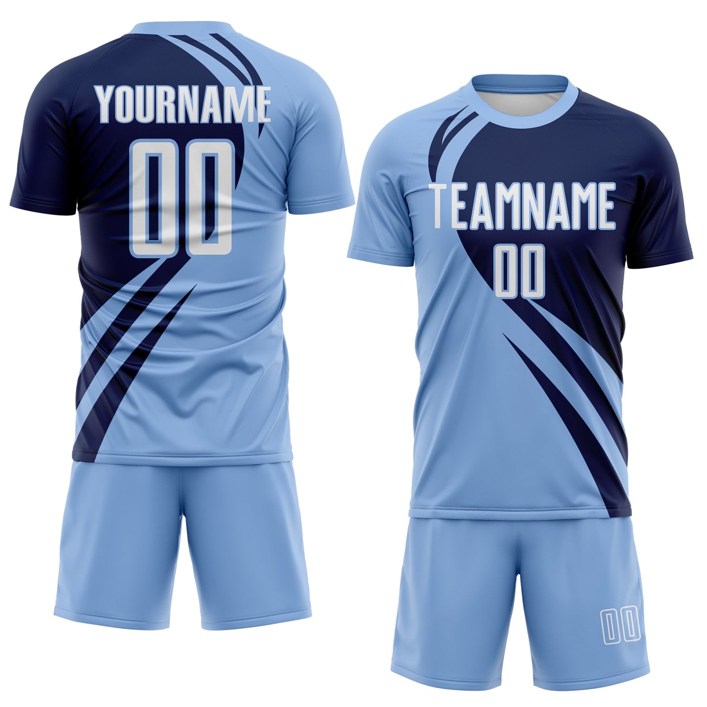 Custom Light Blue White-Navy Diagonal Streamline Color Block Swirl Curve Lines Sublimation Soccer Uniform Jersey view 2