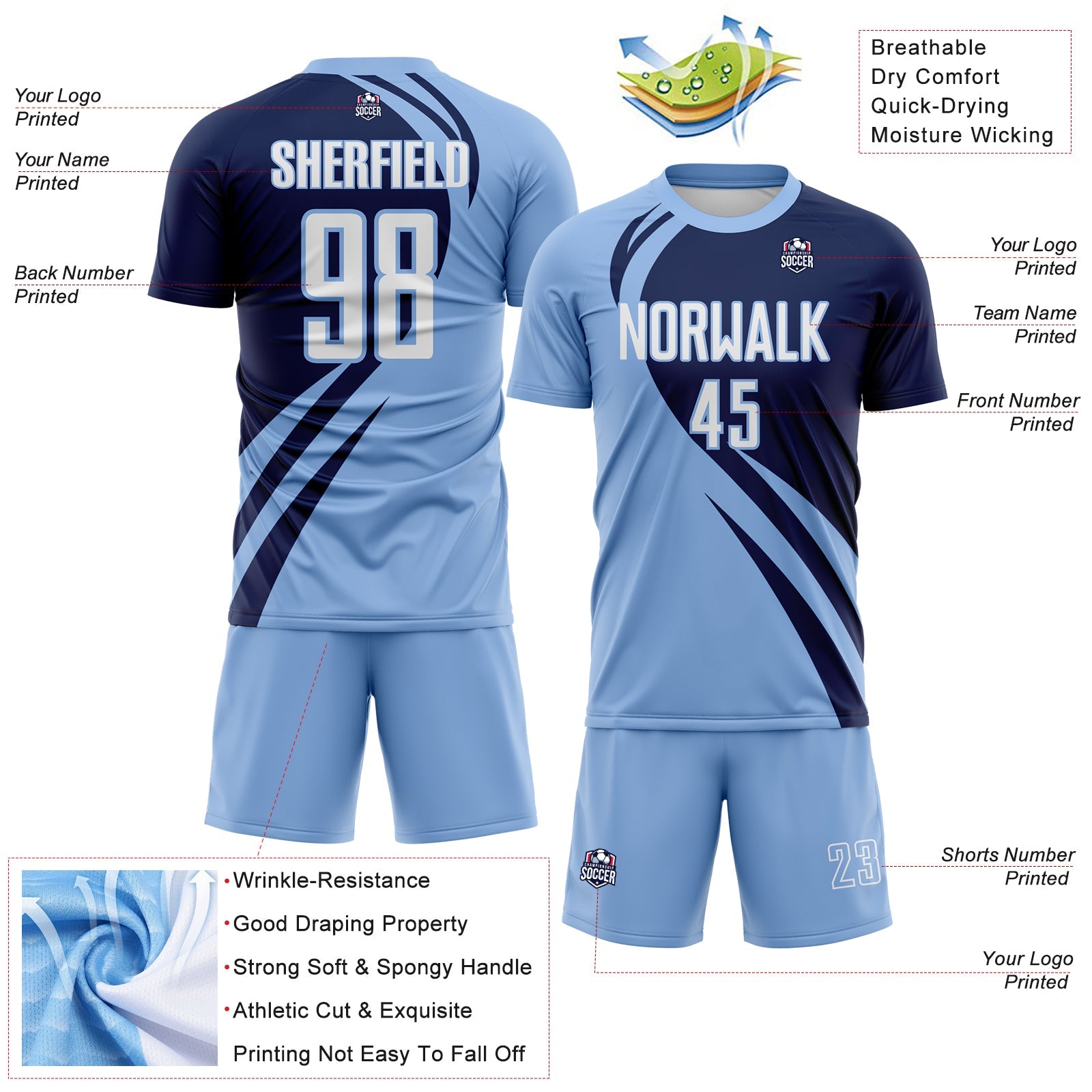 Custom Light Blue White-Navy Diagonal Streamline Color Block Swirl Curve Lines Sublimation Soccer Uniform Jersey view 3