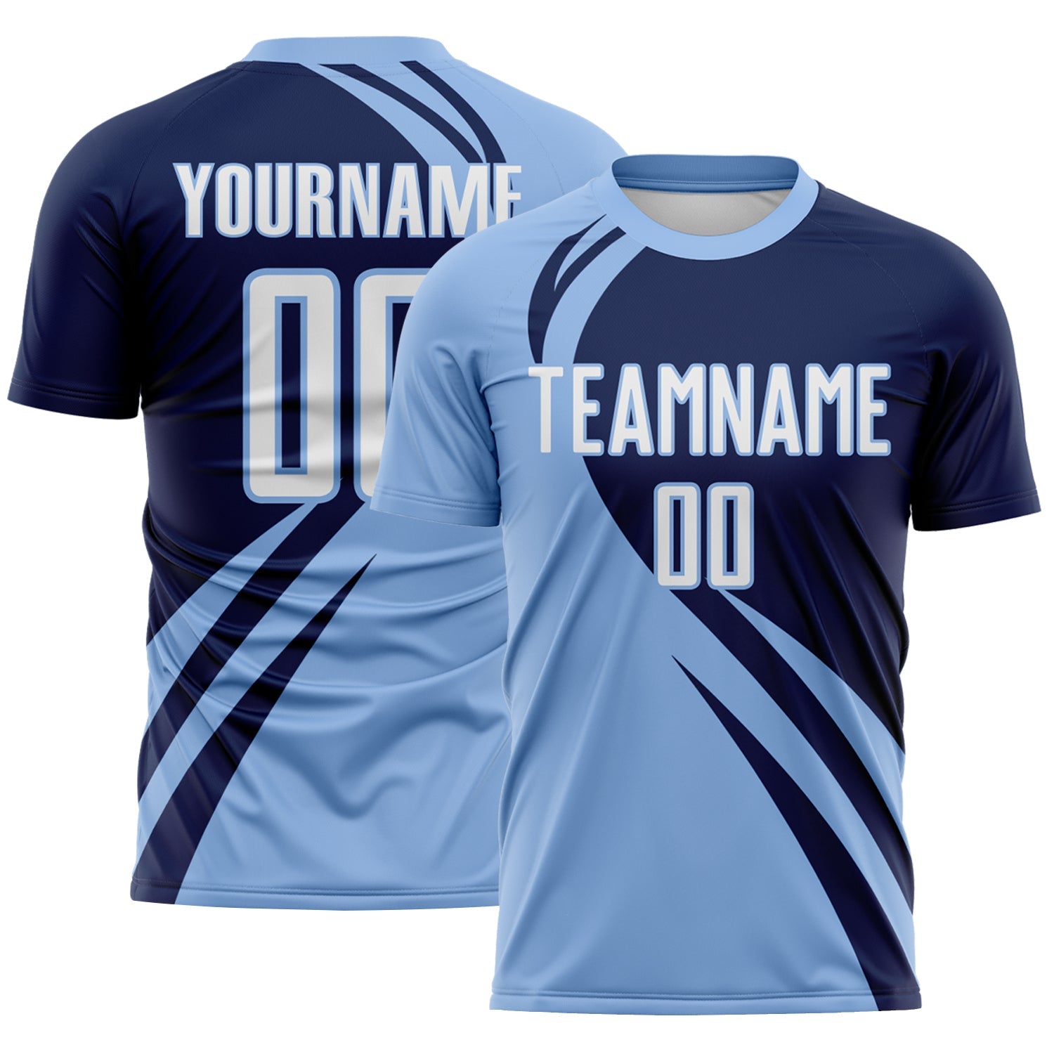 Custom Light Blue White-Navy Diagonal Streamline Color Block Swirl Curve Lines Sublimation Soccer Uniform Jersey - Main View