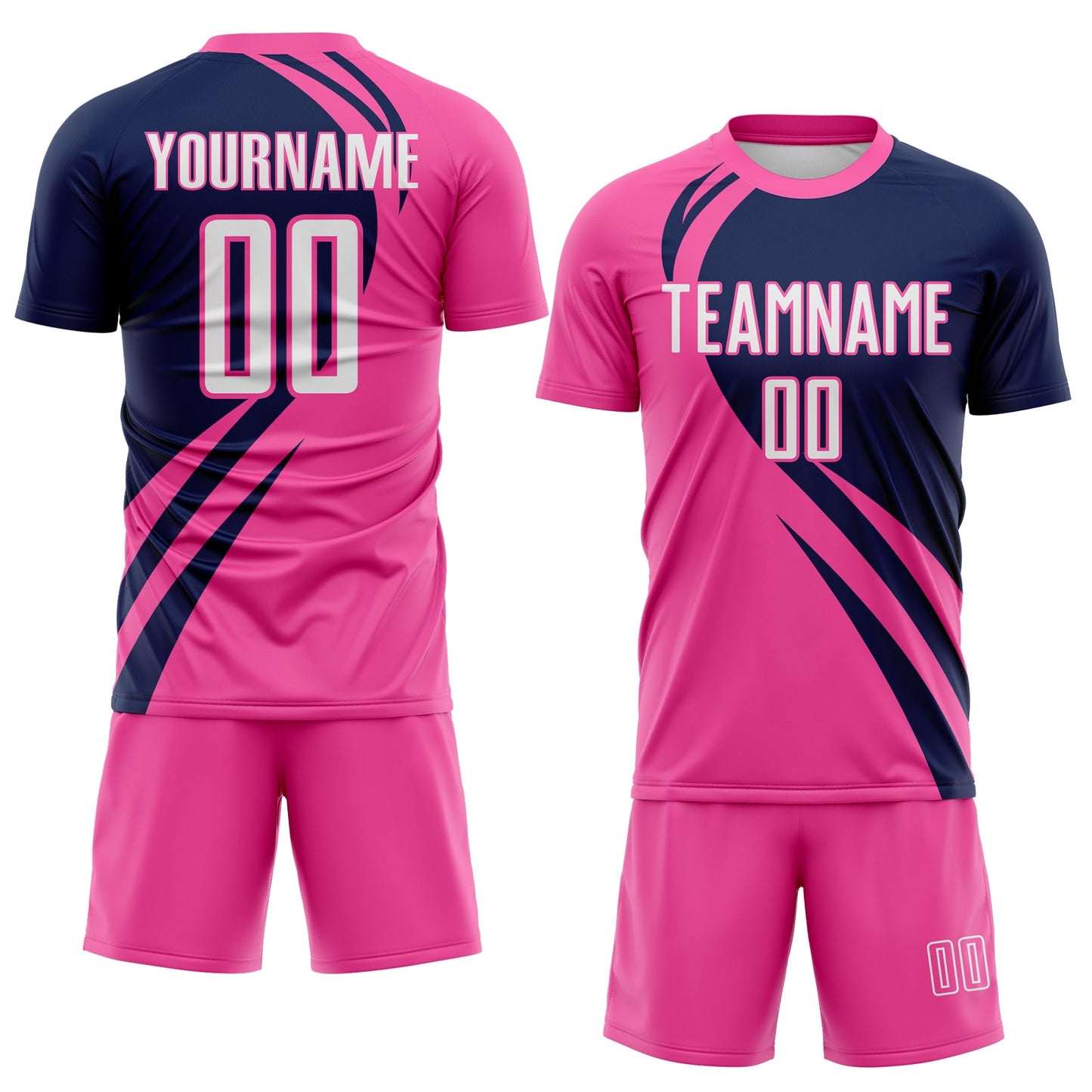 Custom Pink White-Navy Diagonal Streamline Color Block Swirl Curve Lines Sublimation Soccer Uniform Jersey view 2