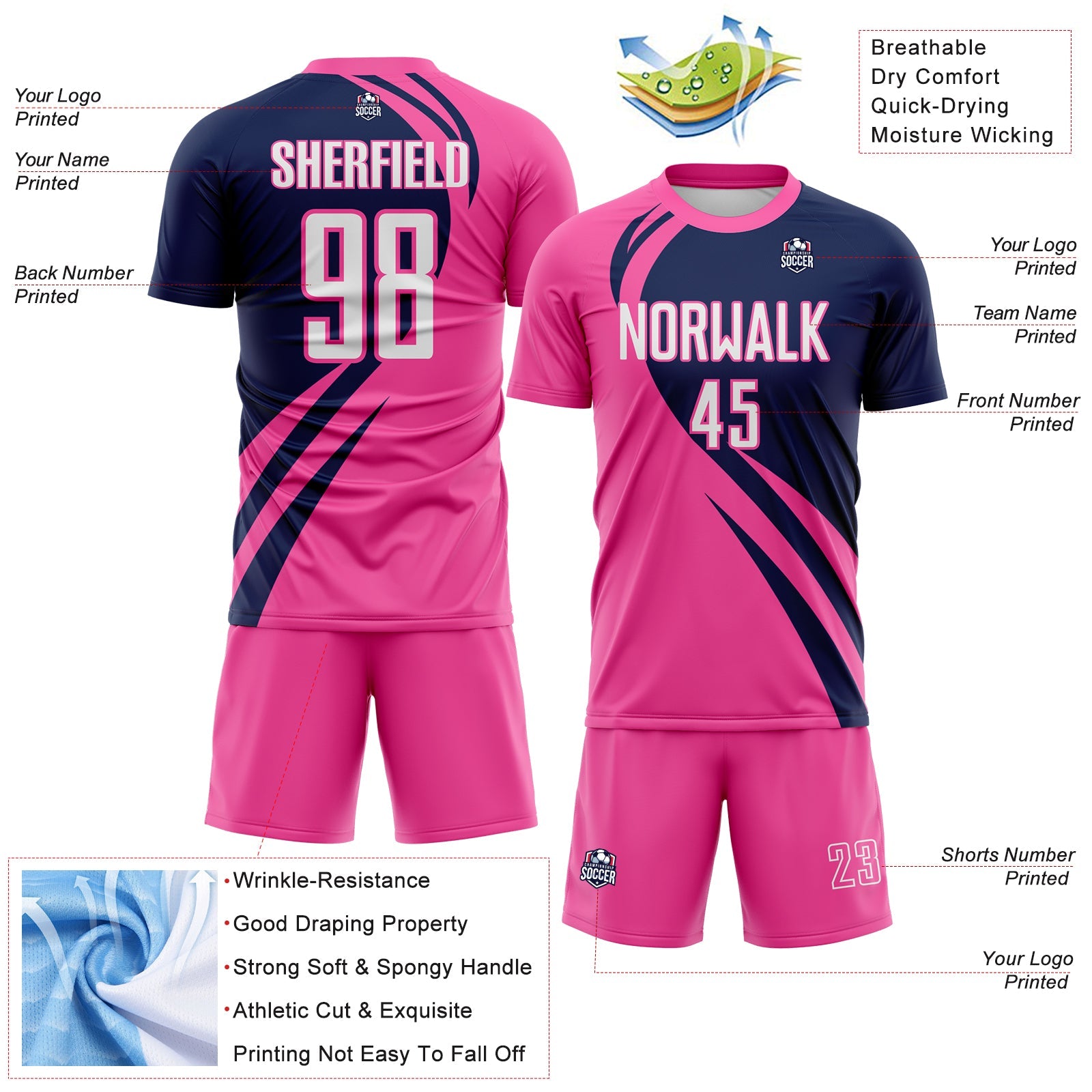 Custom Pink White-Navy Diagonal Streamline Color Block Swirl Curve Lines Sublimation Soccer Uniform Jersey view 3