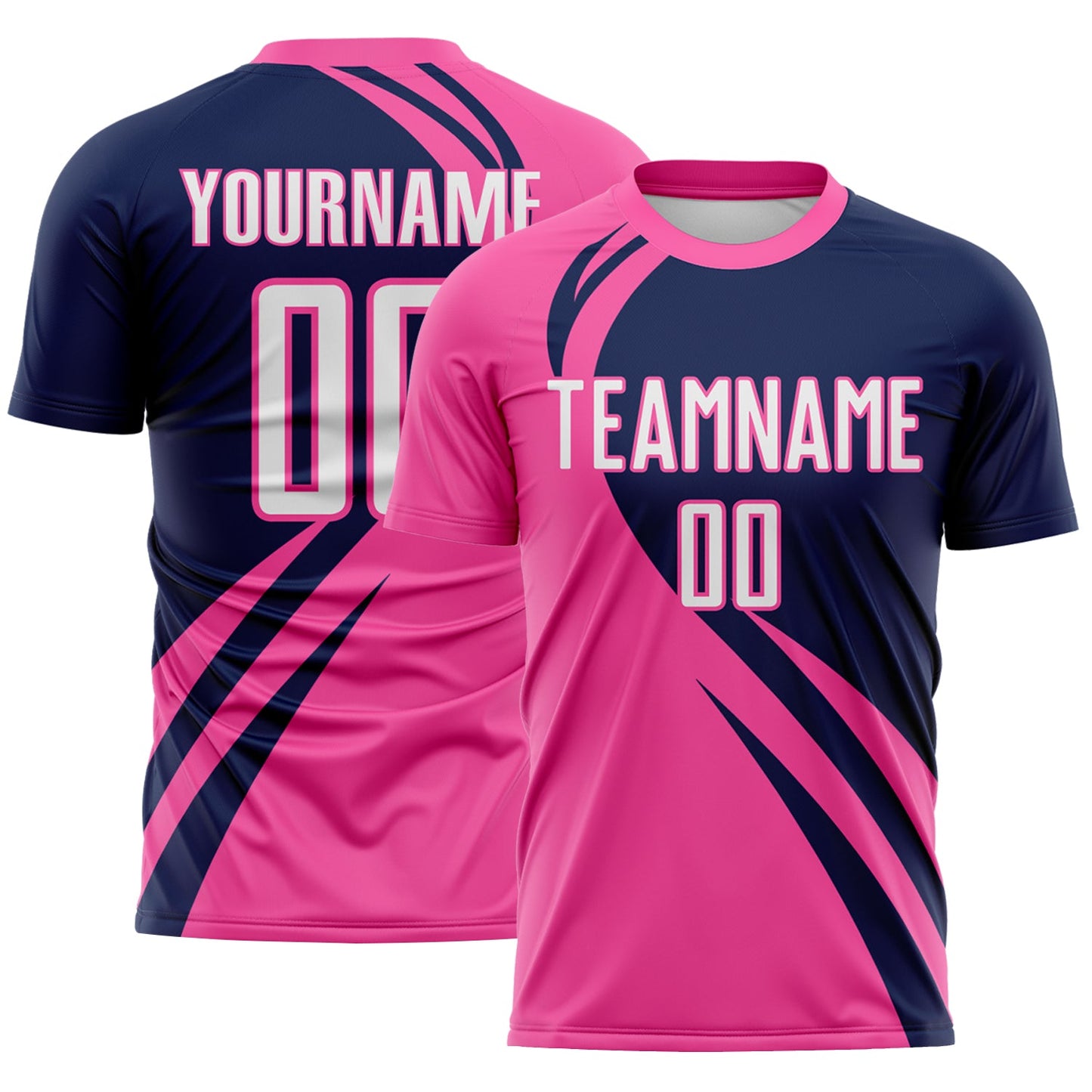 Custom Pink White-Navy Diagonal Streamline Color Block Swirl Curve Lines Sublimation Soccer Uniform Jersey - Main View
