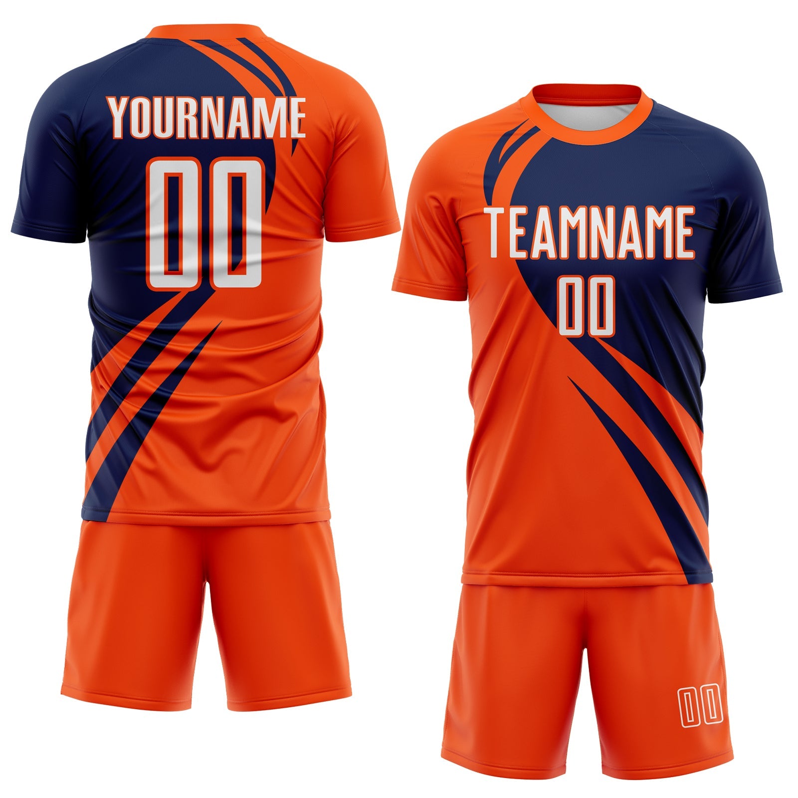 Custom Orange White-Navy Diagonal Streamline Color Block Swirl Curve Lines Sublimation Soccer Uniform Jersey view 2