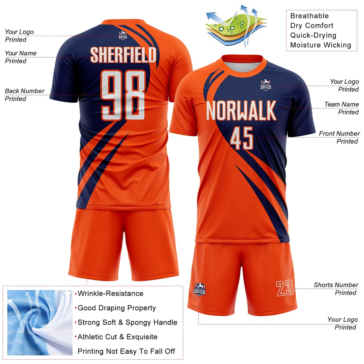 Custom Orange White-Navy Diagonal Streamline Color Block Swirl Curve Lines Sublimation Soccer Uniform Jersey view 3