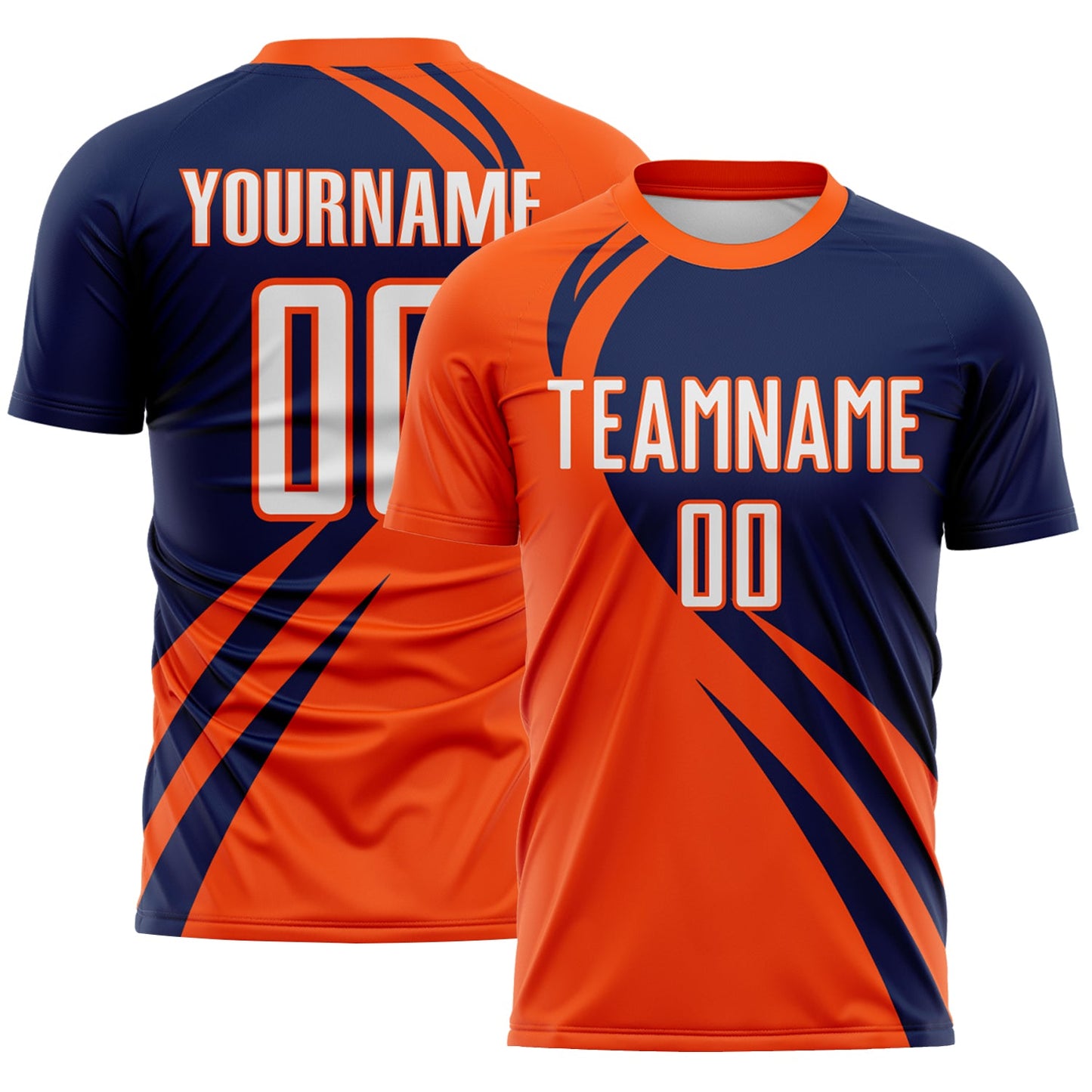 Custom Orange White-Navy Diagonal Streamline Color Block Swirl Curve Lines Sublimation Soccer Uniform Jersey - Main View
