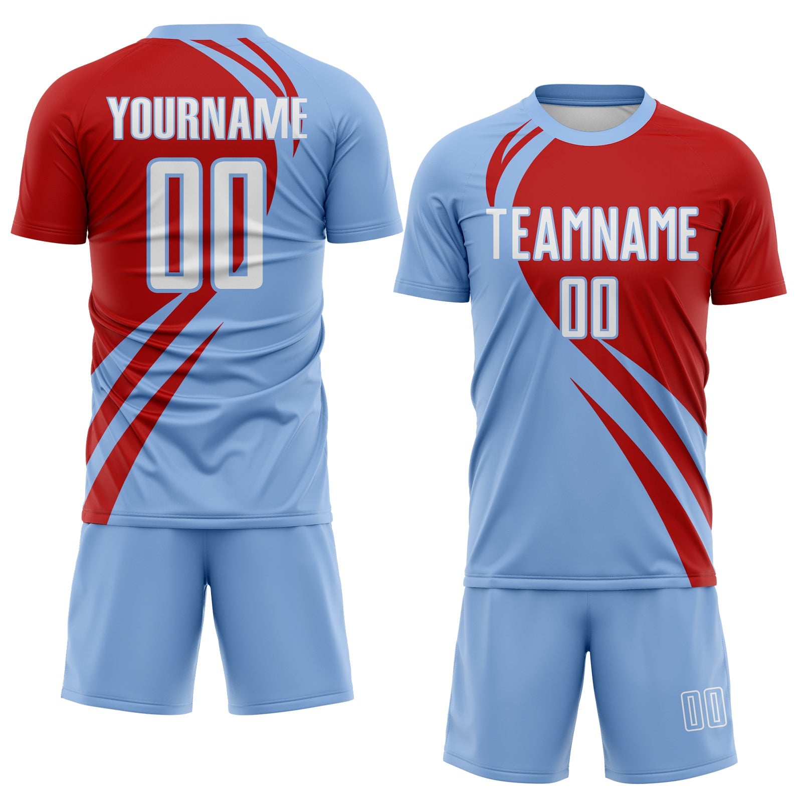 Custom Light Blue White-Red Diagonal Streamline Color Block Swirl Curve Lines Sublimation Soccer Uniform Jersey view 2
