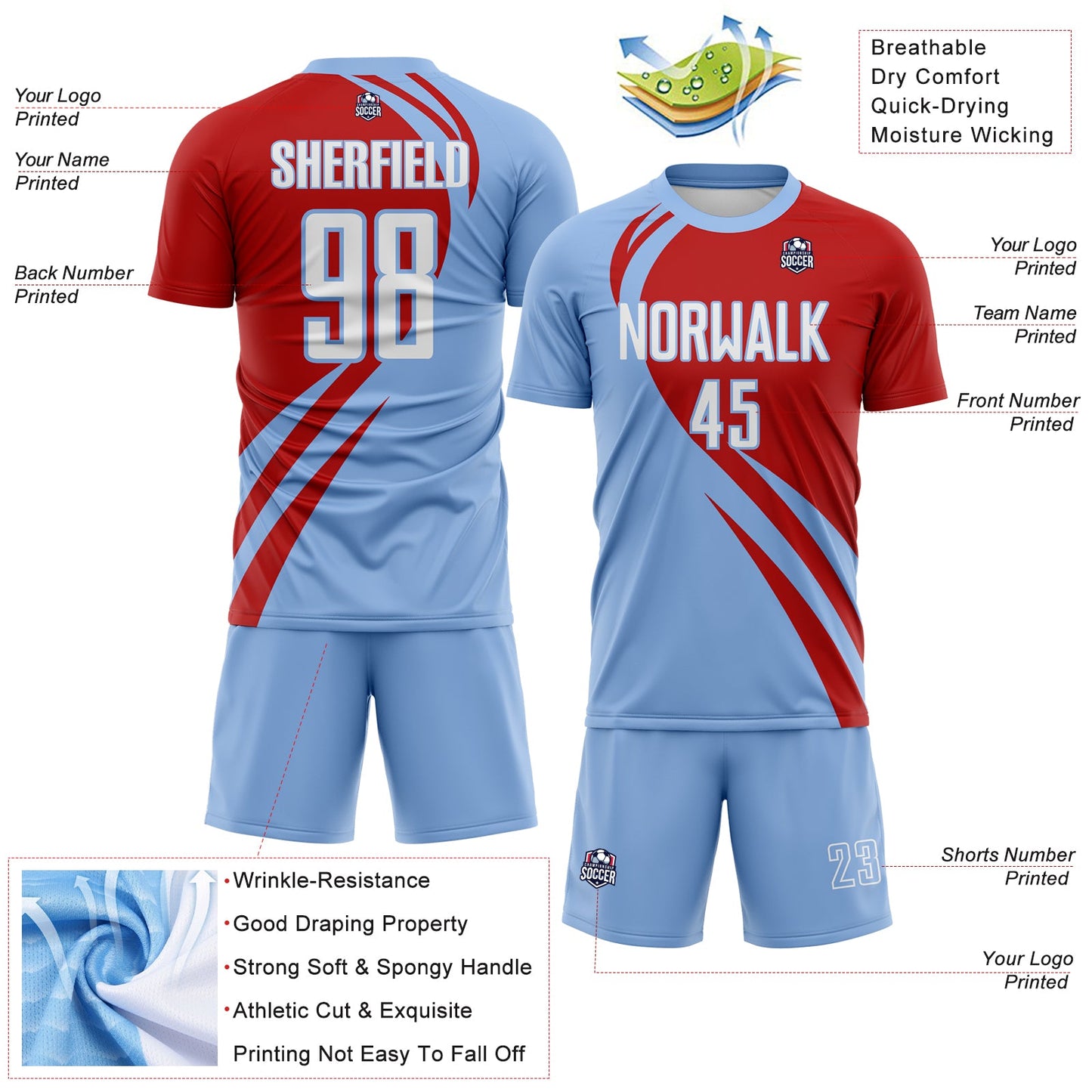Custom Light Blue White-Red Diagonal Streamline Color Block Swirl Curve Lines Sublimation Soccer Uniform Jersey view 3