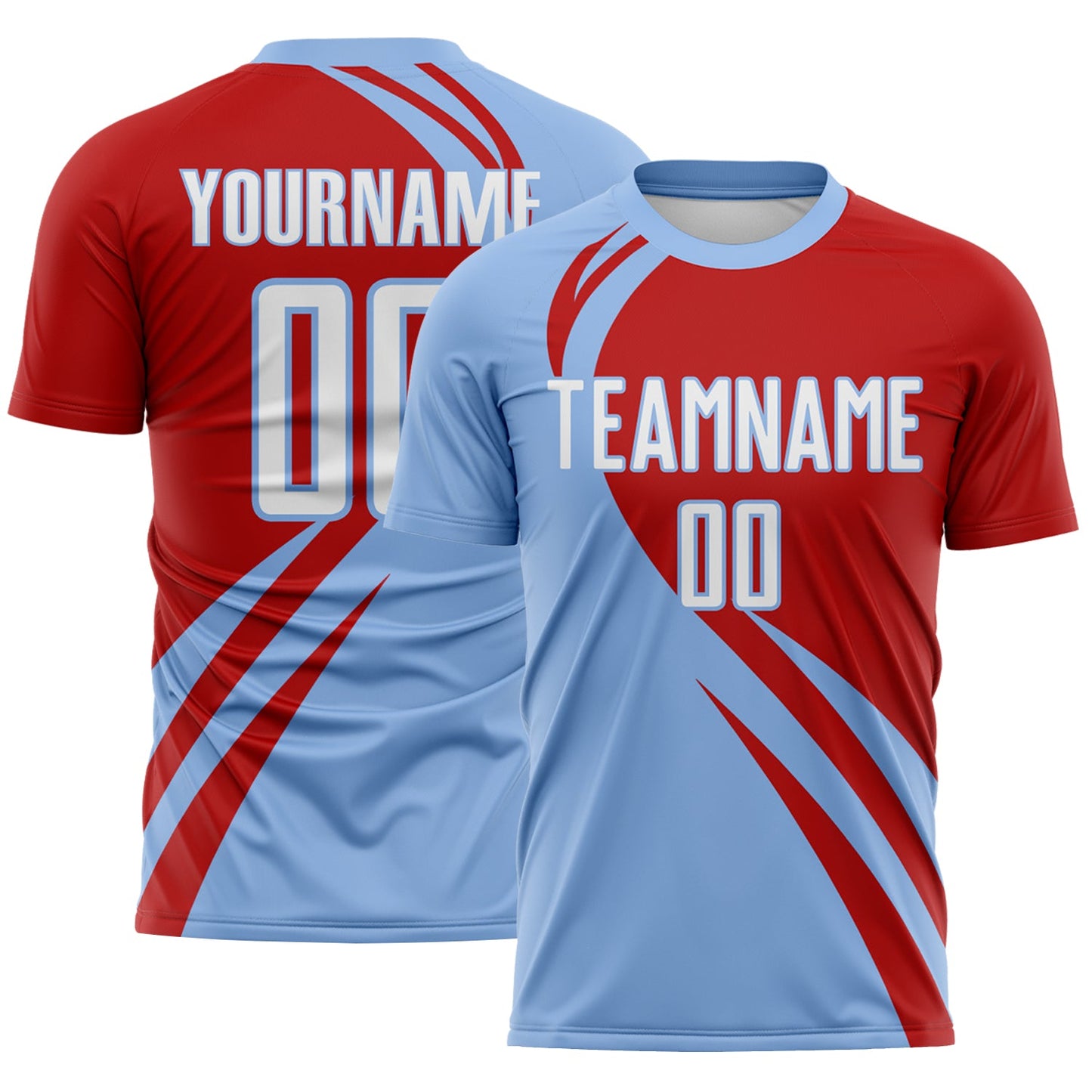 Custom Light Blue White-Red Diagonal Streamline Color Block Swirl Curve Lines Sublimation Soccer Uniform Jersey - Main View