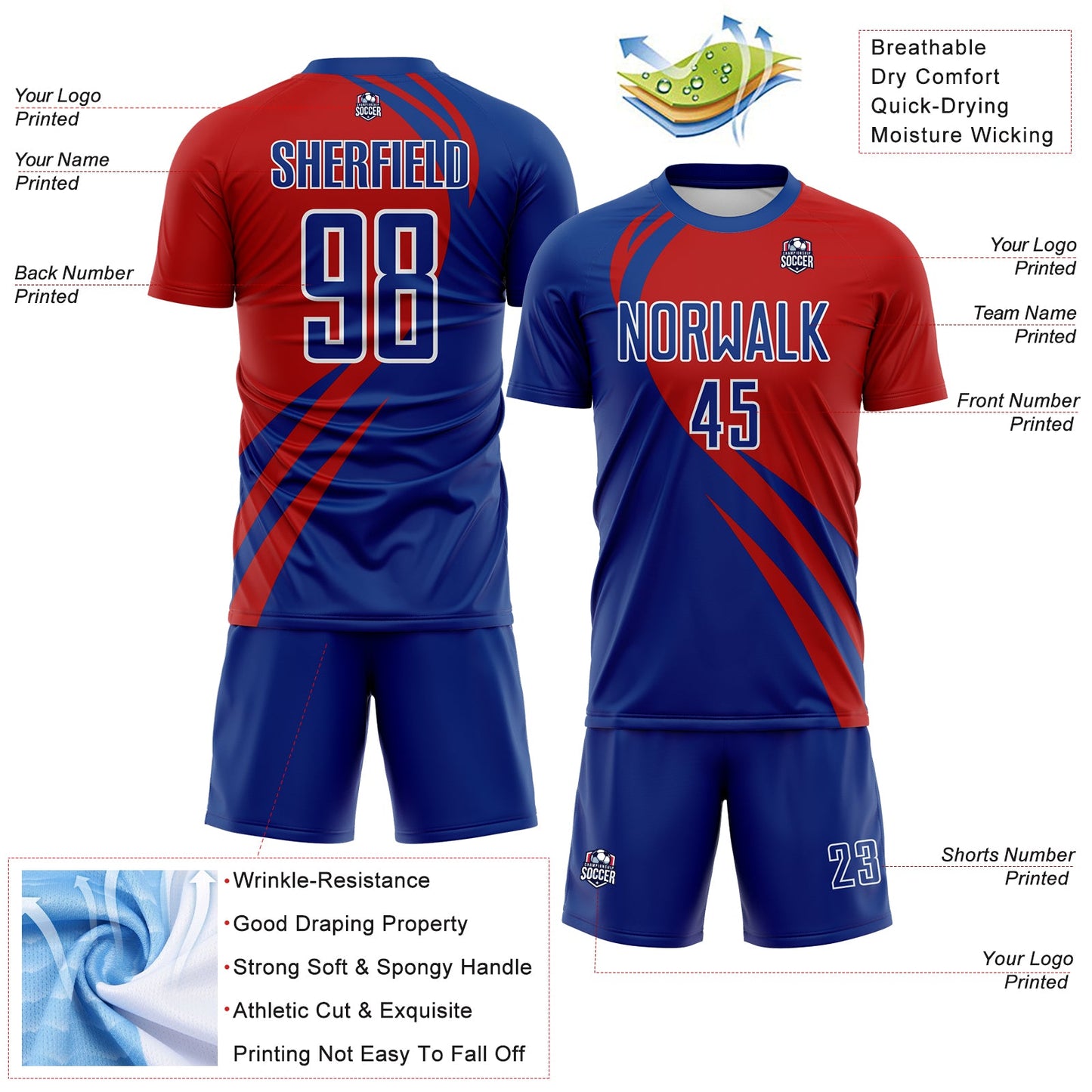 Custom Royal Red-White Diagonal Streamline Color Block Swirl Curve Lines Sublimation Soccer Uniform Jersey view 3