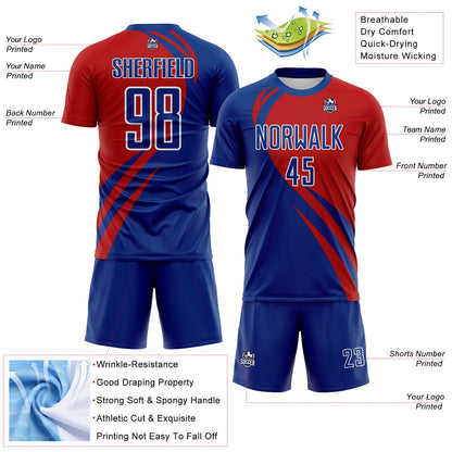 Custom Royal Red-White Diagonal Streamline Color Block Swirl Curve Lines Sublimation Soccer Uniform Jersey view 3