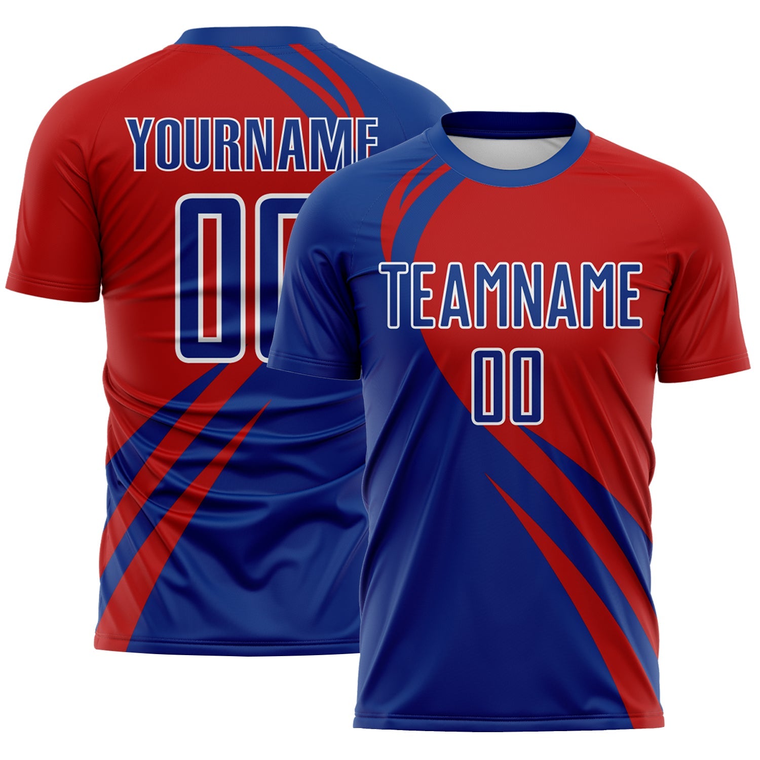 Custom Royal Red-White Diagonal Streamline Color Block Swirl Curve Lines Sublimation Soccer Uniform Jersey - Main View