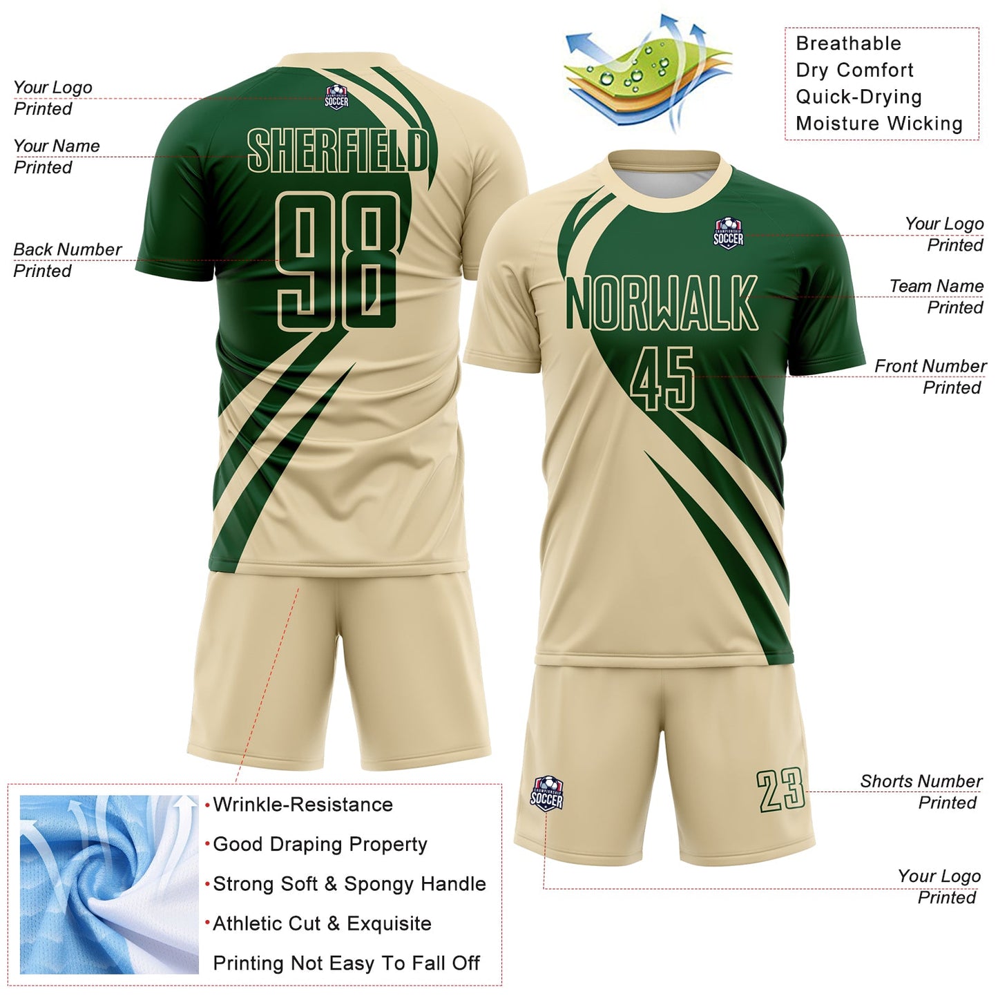 Custom Cream Green Diagonal Streamline Color Block Swirl Curve Lines Sublimation Soccer Uniform Jersey view 3