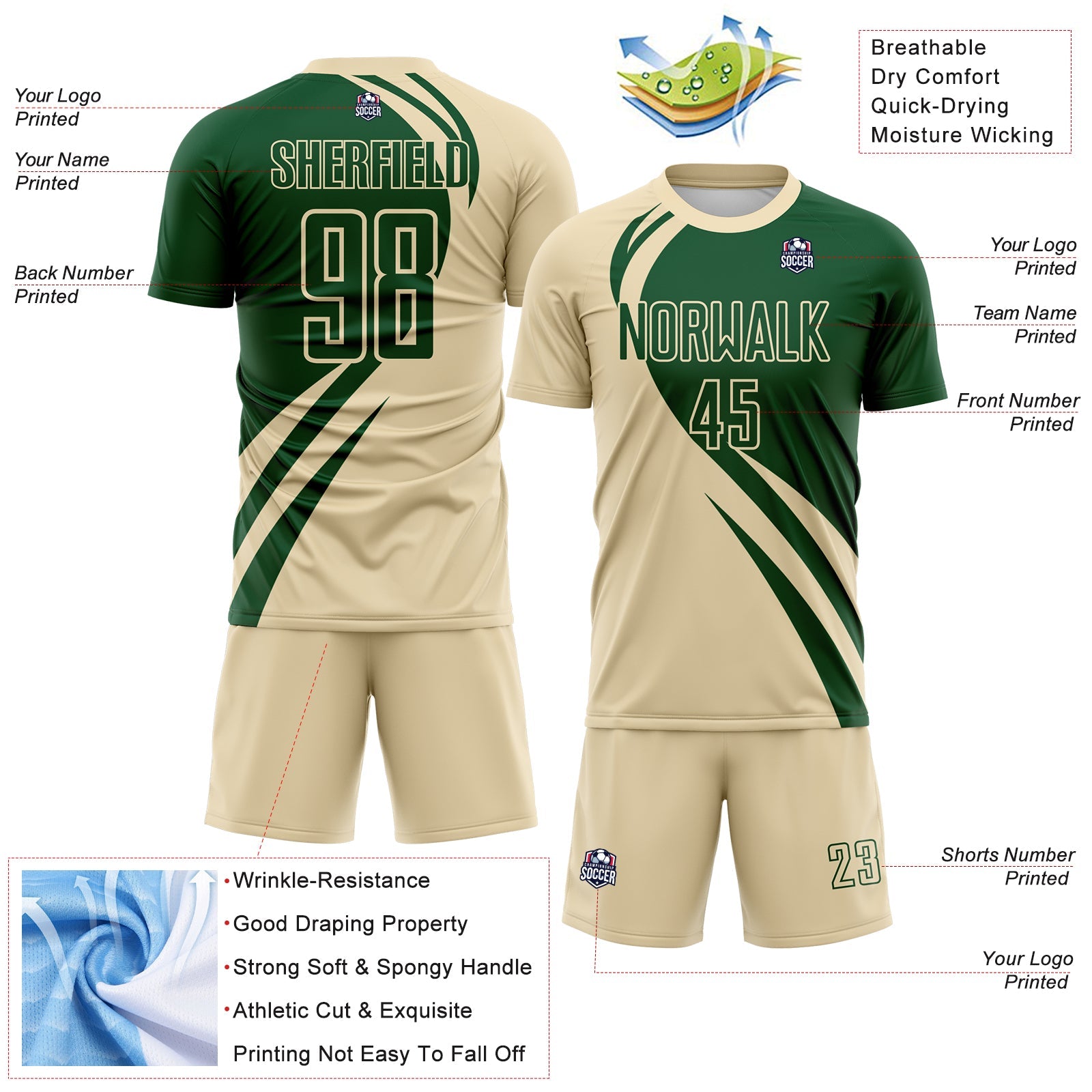 Custom Cream Green Diagonal Streamline Color Block Swirl Curve Lines Sublimation Soccer Uniform Jersey view 3