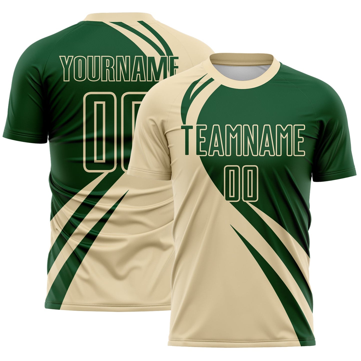 Custom Cream Green Diagonal Streamline Color Block Swirl Curve Lines Sublimation Soccer Uniform Jersey - Main View