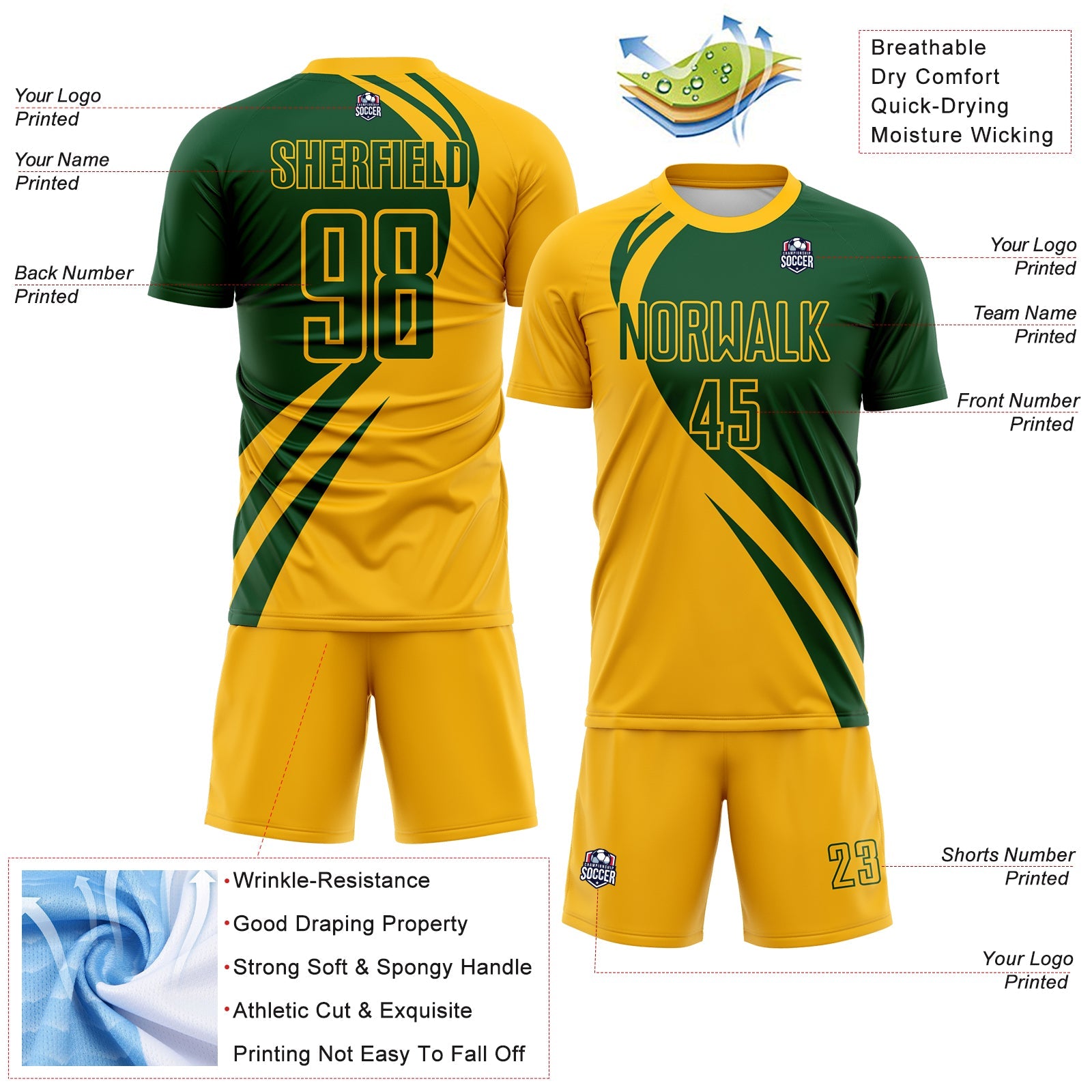 Custom Gold Green Diagonal Streamline Color Block Swirl Curve Lines Sublimation Soccer Uniform Jersey view 3