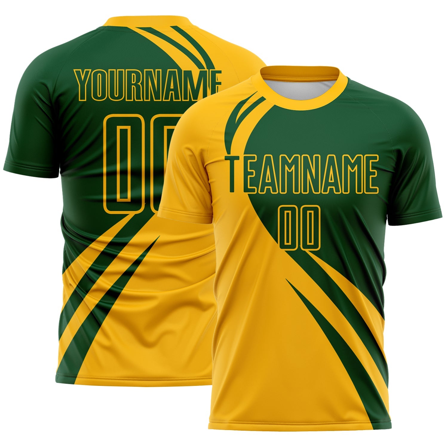Custom Gold Green Diagonal Streamline Color Block Swirl Curve Lines Sublimation Soccer Uniform Jersey - Main View