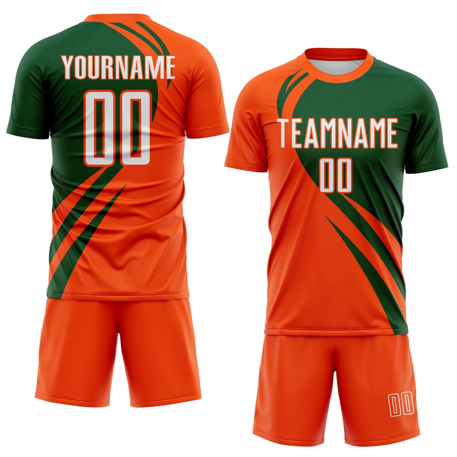 Custom Orange White-Green Diagonal Streamline Color Block Swirl Curve Lines Sublimation Soccer Uniform Jersey view 2
