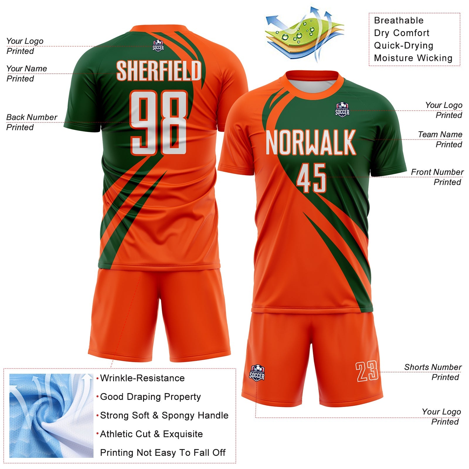 Custom Orange White-Green Diagonal Streamline Color Block Swirl Curve Lines Sublimation Soccer Uniform Jersey view 3