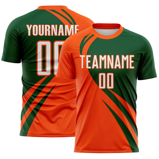 Custom Orange White-Green Diagonal Streamline Color Block Swirl Curve Lines Sublimation Soccer Uniform Jersey - Main View