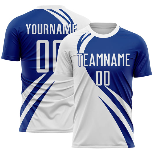 Custom White Royal Diagonal Streamline Color Block Swirl Curve Lines Sublimation Soccer Uniform Jersey - Main View