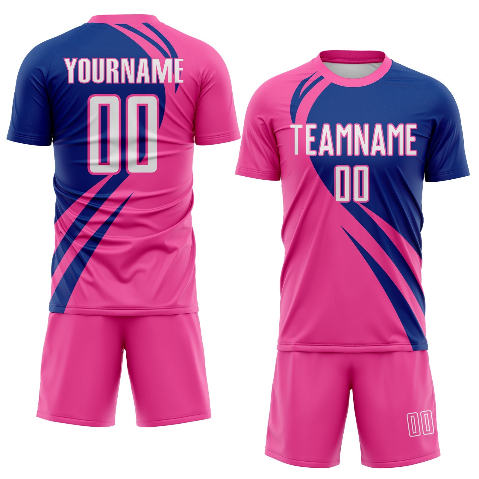 Custom Pink White-Royal Diagonal Streamline Color Block Swirl Curve Lines Sublimation Soccer Uniform Jersey view 2