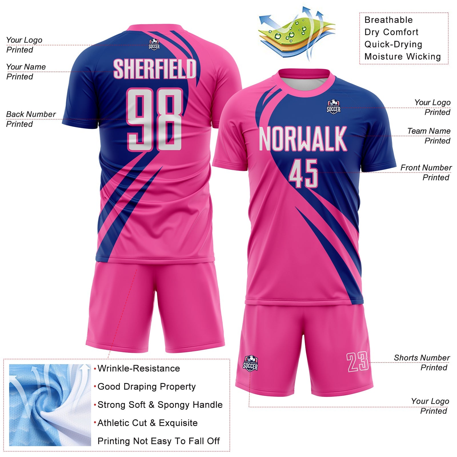 Custom Pink White-Royal Diagonal Streamline Color Block Swirl Curve Lines Sublimation Soccer Uniform Jersey view 3