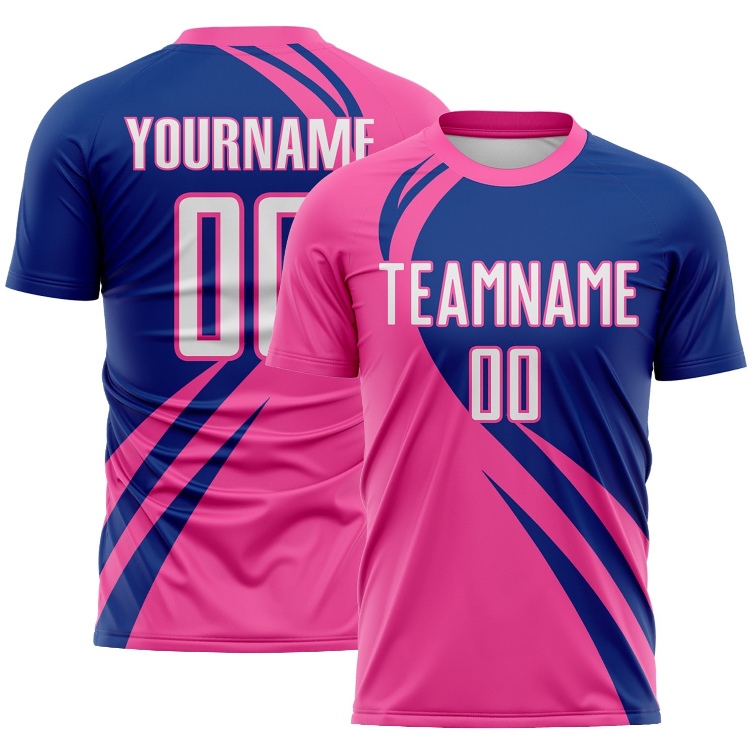 Custom Pink White-Royal Diagonal Streamline Color Block Swirl Curve Lines Sublimation Soccer Uniform Jersey - Main View