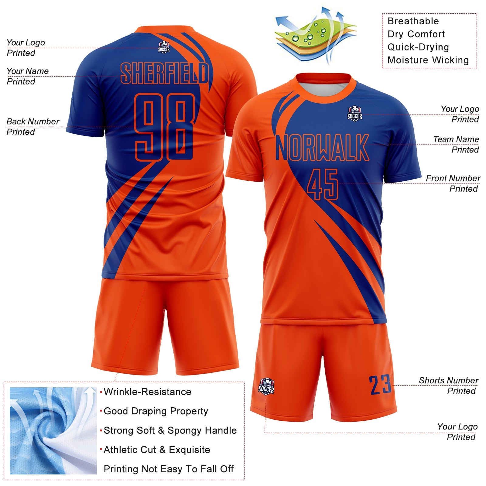 Custom Orange Royal Diagonal Streamline Color Block Swirl Curve Lines Sublimation Soccer Uniform Jersey view 3