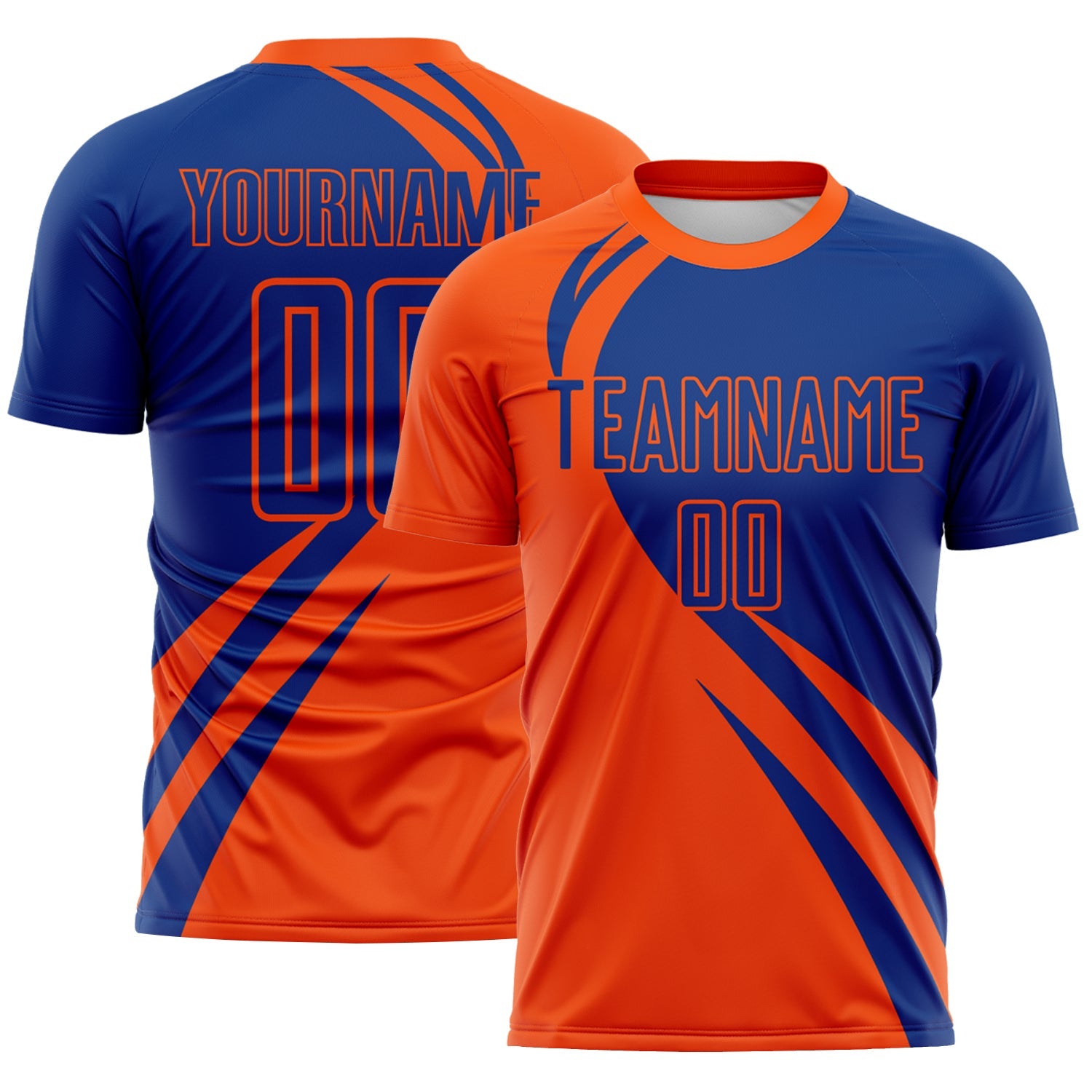 Custom Orange Royal Diagonal Streamline Color Block Swirl Curve Lines Sublimation Soccer Uniform Jersey - Main View
